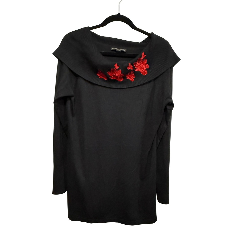 Hayden Park Black Off Shoulder Floral Embroidered Sweater Womens Large L